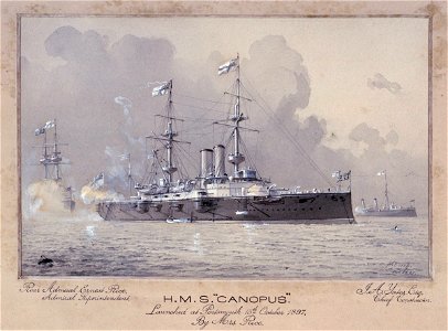 HMS Canopus Launched at Portsmouth 13th October 1897 By Mrs Rice, Rear-Admiral Ernest Rice, Admiral Superintendent, J A Yates, Chief Constructor RMG PU0289