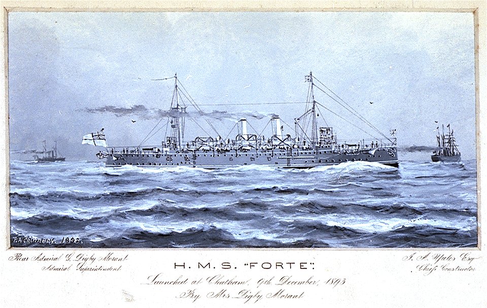 HMS Forte. Launched at Chatham 9th December 1893 By Mrs Digby Morant Rear Admiral G Digby Morant, Admiral Superintendent. J A Yates Esqre Chief Constructor RMG PU0304
