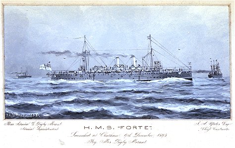 HMS Forte. Launched at Chatham 9th December 1893 By Mrs Digby Morant Rear Admiral G Digby Morant, Admiral Superintendent. J A Yates Esqre Chief Constructor RMG PU0304