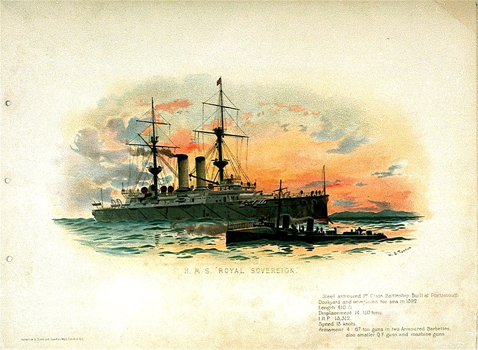 HMS Royal Sovereign. Steel armoured First Class Battleship. Built at Portsmouth Dockyard and completed for sea in 1892 RMG PU0311