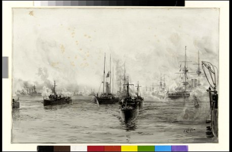 HM Yacht 'Alberta' carrying the remains of Queen Victoria, passing through the fleet at Spithead, 1 February 1901 RMG PY4066