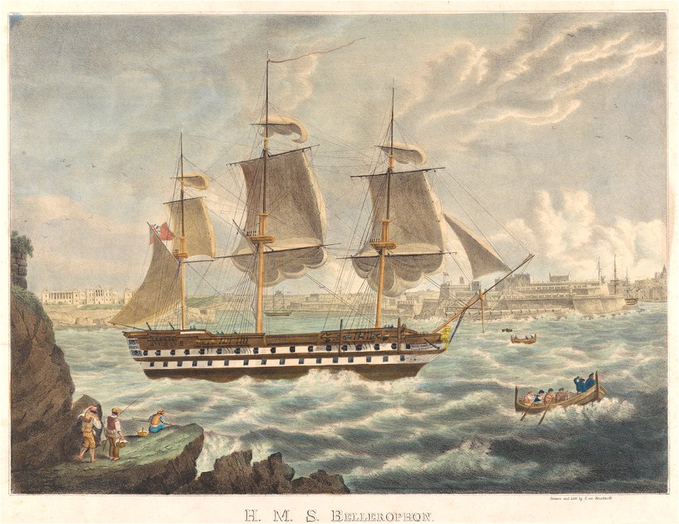 HMS 'Bellerophon' (1824) outside the Grand Harbour, Malta RMG PY0801