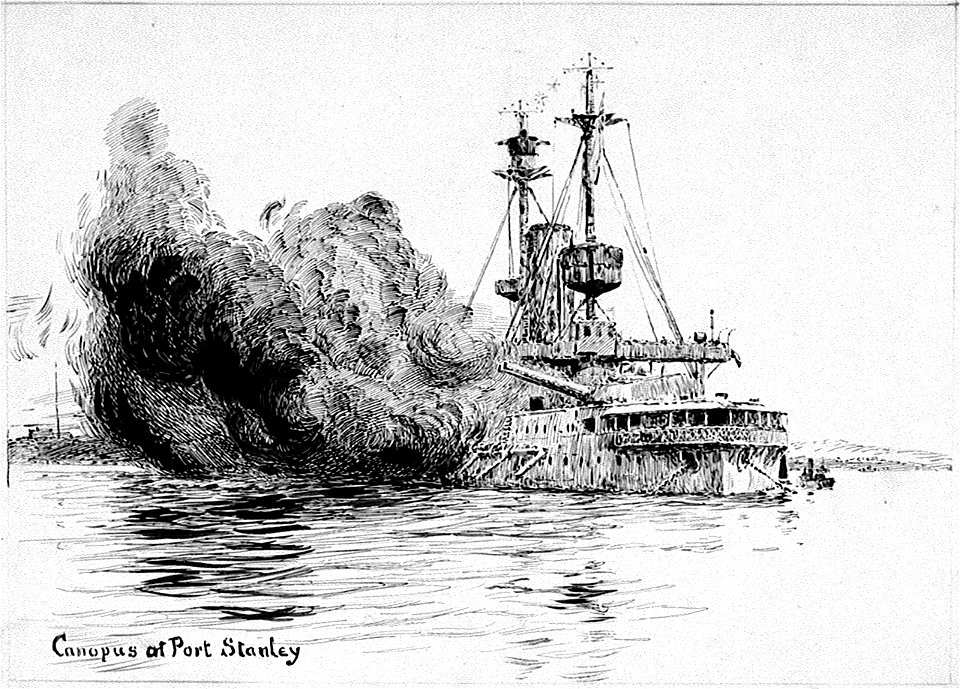 HMS 'Canopus' at Port Stanley, firing the opening salvoes of the Battle of the Falkland Islands, 8 December 1914 RMG PV1039