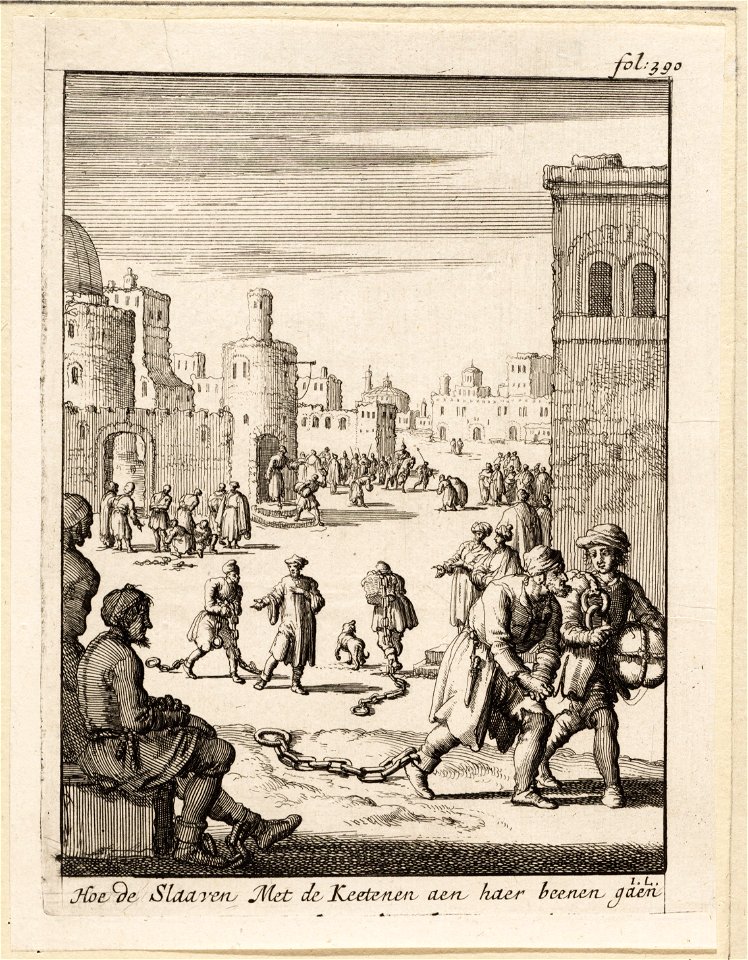 Hoe de slaaven met de keetenen aen haer beenen gaen, objectnr A 41732