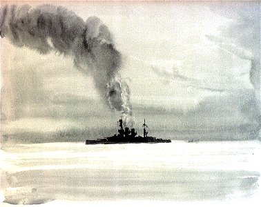 HMS 'Renown' or 'Repulse' seen in distant silhouette, with a plume of funnel smoke rising RMG PU9995
