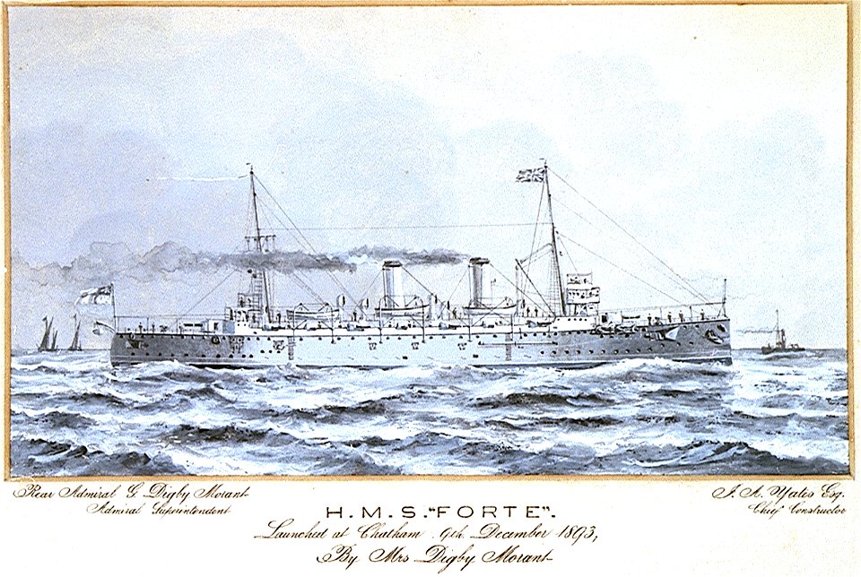 HMS Forte. Launched at Chatham- 9th December 1893, By Mrs Digby Morant Rear Admiral G Digby Morant, Admiral Superintendent. J A Yates Esqre Chief Constructor RMG PU0305