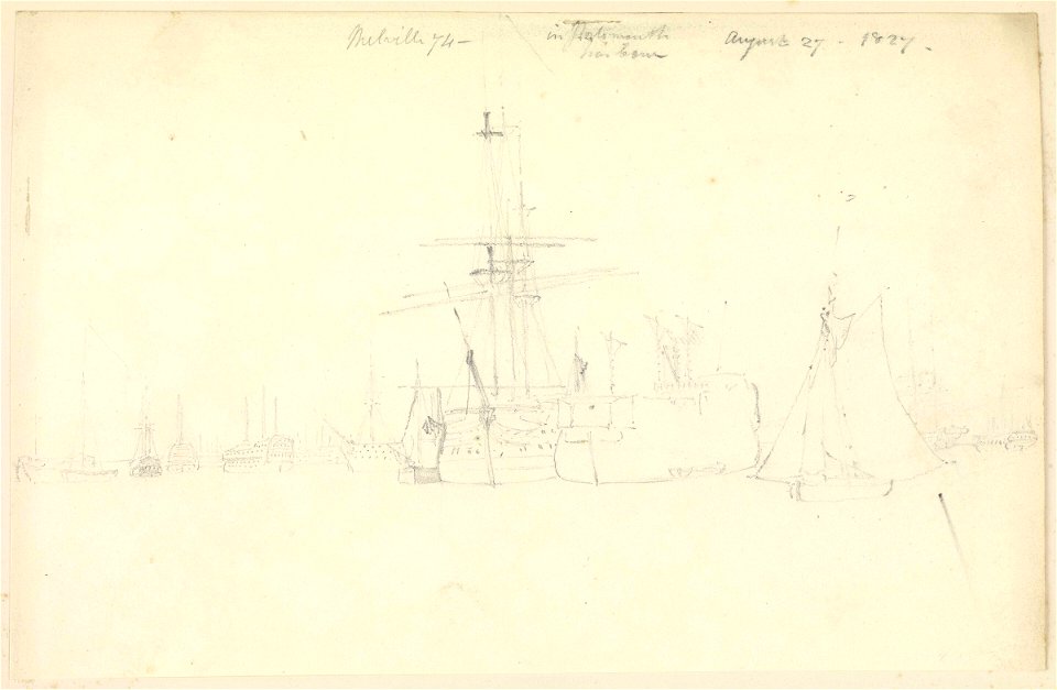 HMS 'Melville' and other shipping in Portsmouth Harbour, 1827 RMG PZ0947