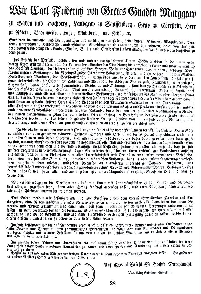 Hochstift Konstanz Besitzergreifung Baden 1802
