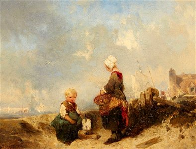 Charles Hoguet - Holländische Küstenansicht mit spielendem Kind (1843)