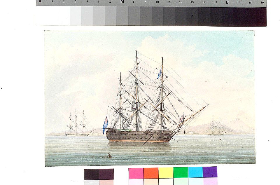 HMS Rochefort during the interment of Sir Thos. Fremantle 22nd Dec 1829 at Baia Bay Naples RMG PW8021