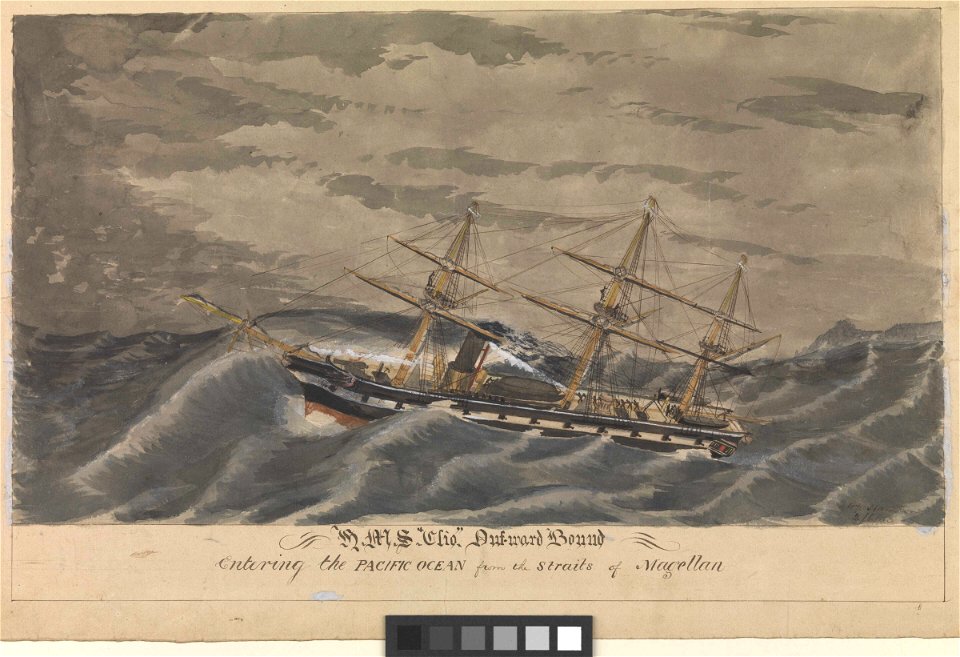 HMS Clio Outward Bound entering the Pacific Ocean from the Straits of Magellan RMG PW8136