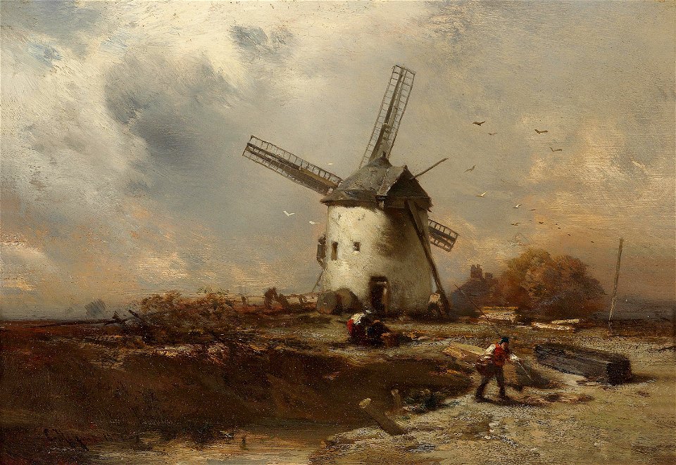Charles Hoguet - Landschaft mit Windmühlen und figürlicher Staffage (1854)