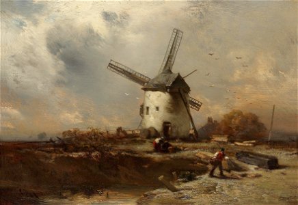Charles Hoguet - Landschaft mit Windmühlen und figürlicher Staffage (1854)