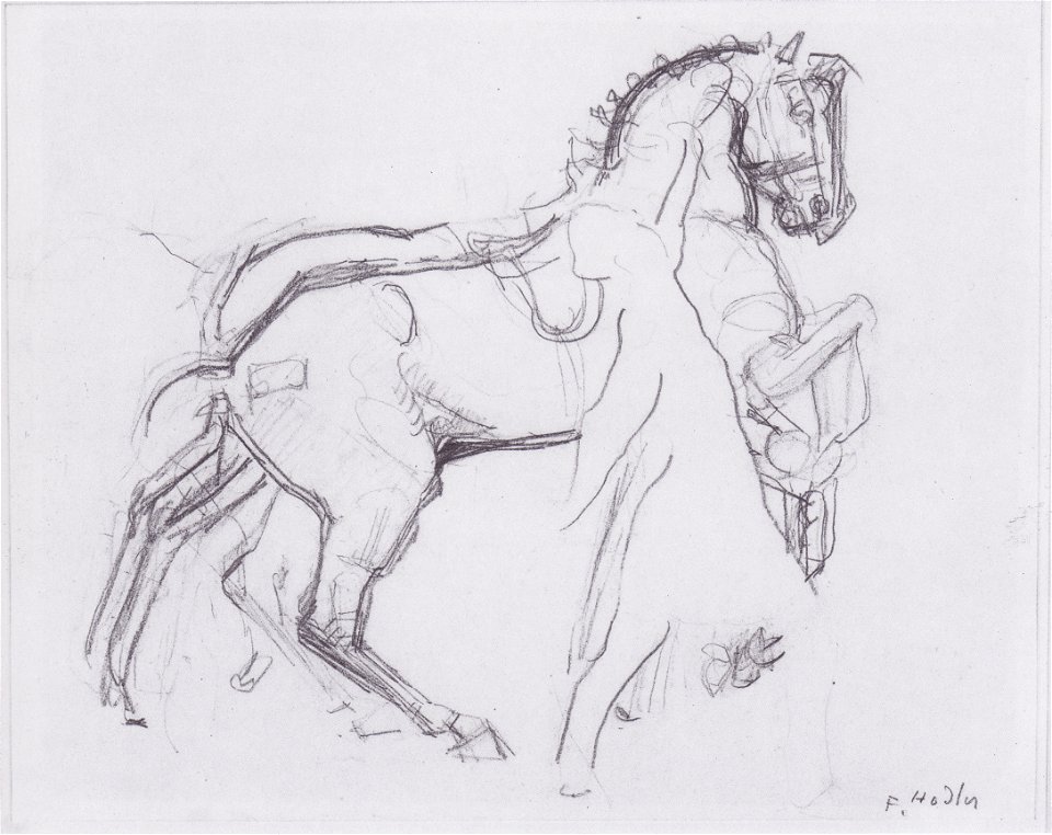 Hodler - Nach rechts ausschreitender Kavallerist mit Pferd