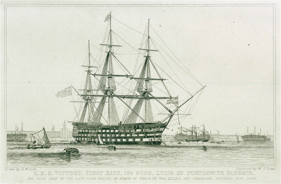 HMS Victory, First Rate, 104 guns, lying in Portsmouth Harbour The Flagship of the late Lord Nelson, on board of which he was killed off Trafalgar, October 21st 1805 RMG PU5987