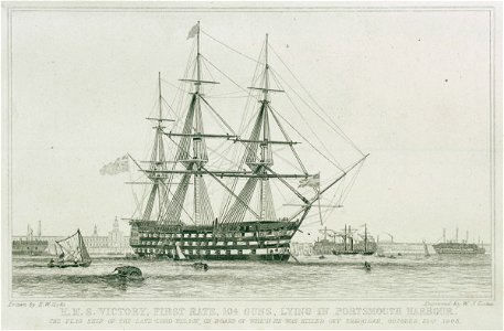 HMS Victory, First Rate, 104 guns, lying in Portsmouth Harbour The Flagship of the late Lord Nelson, on board of which he was killed off Trafalgar, October 21st 1805 RMG PU5987