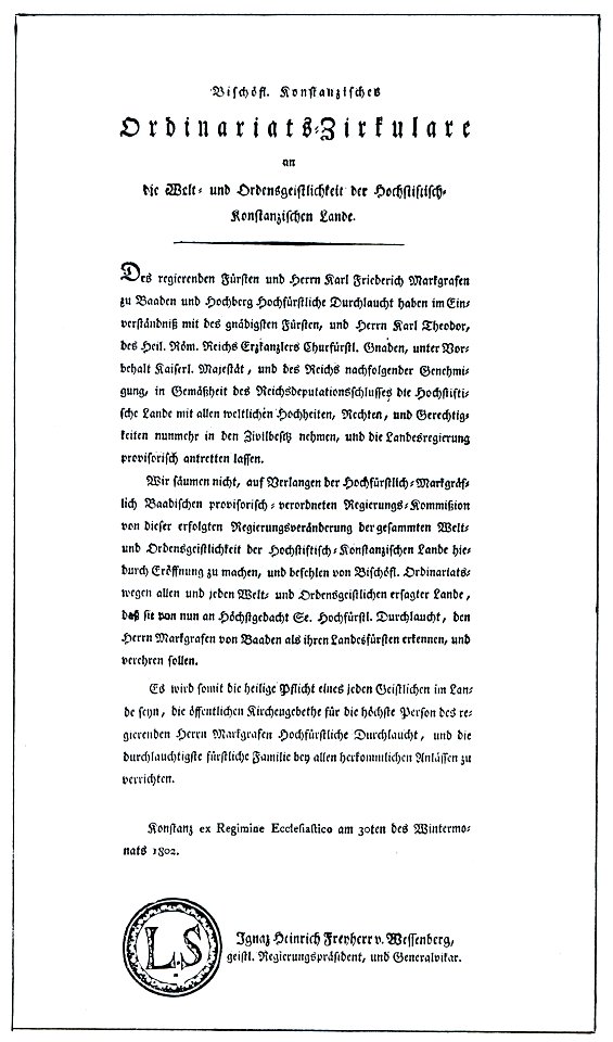 Hochstift Konstanz Übergang an Baden 1802