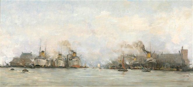 Hobbe Smith - Gezicht op de IJhaven naar het oosten, met aan de kop van het IJ-eiland schepen van de Stoomvaart Ma - SA 1307 - Amsterdam Museum
