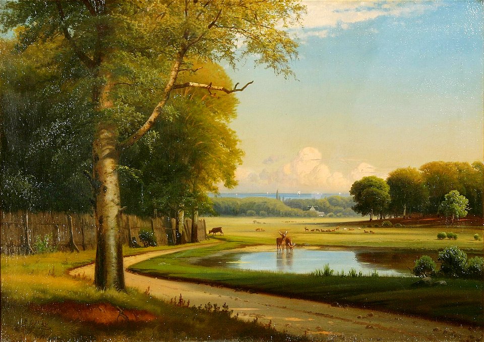 Gustav Holmbom - Udsigt over Dyrehaven med råvildt i baggrunden - 1882