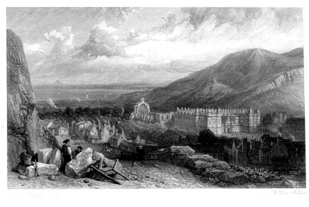 Holyrood House and Chapel from Calton Hill engraving by William Miller after C Stanfield. Free illustration for personal and commercial use.