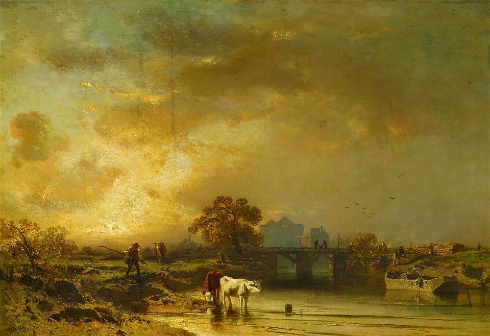 Charles Hoguet - Französische Flusslandschaft, Abendstimmung (1855)