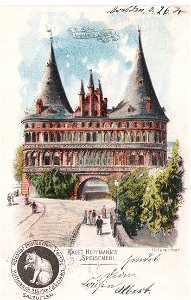 Hoffmann's Stärkefabriken - Ansichtskarte 'Lübeck, Holstentor'