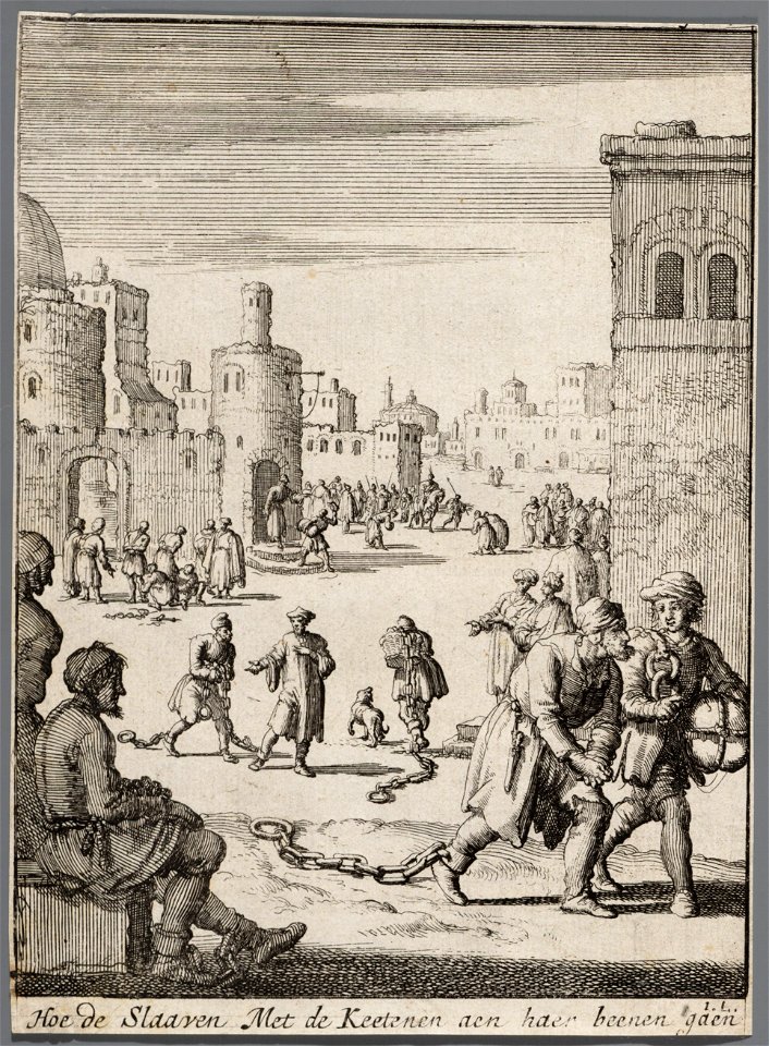 Hoe de slaaven met de keetenen aen haer beenen gaen, objectnr A 41715