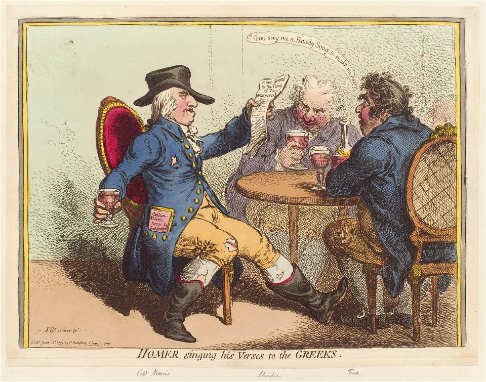Homer singing his verses to the Greeks' (Charles Morris; Richard Brinsley Sheridan; Charles James Fox) by James Gillray