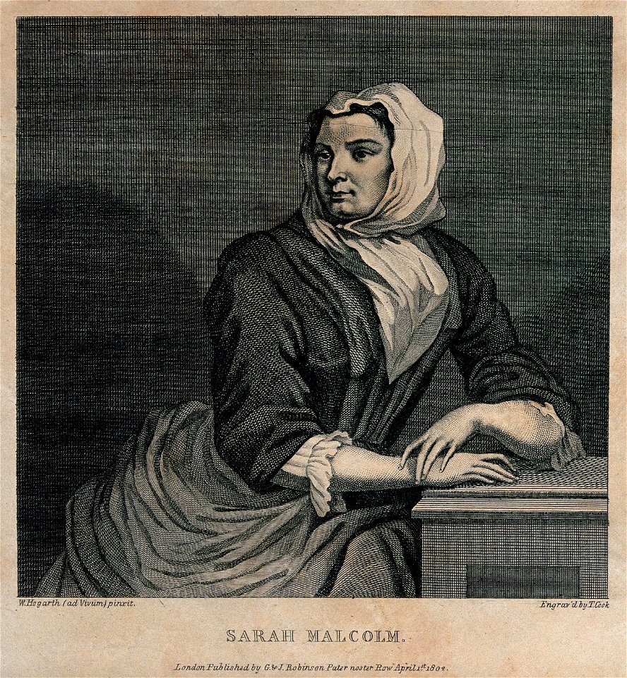 Sarah Malcolm sitting in prison with her hands resting on a Wellcome V0041240