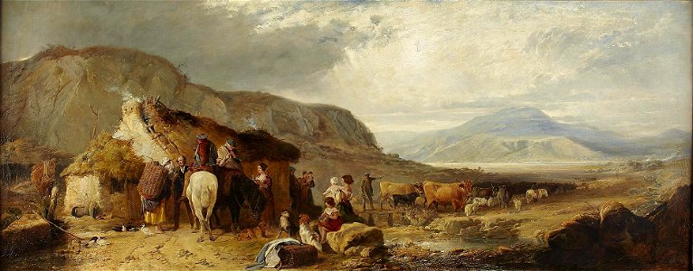 Charles Hoguet - A Highland landscape with figures and animals by a cottage