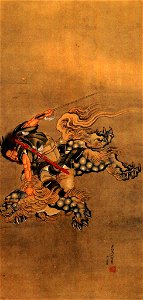 Hokusai Shoki riding a shishi lion. Free illustration for personal and commercial use.