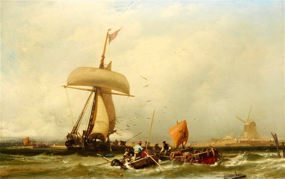 Charles Hoguet - Holländische Küstenansicht mit Segelschiff und Booten
