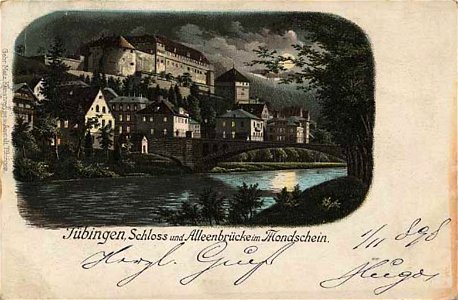 Hohentübingen mit Alleenbrücke im Mondlicht (AK Gebr. Metz 1898)