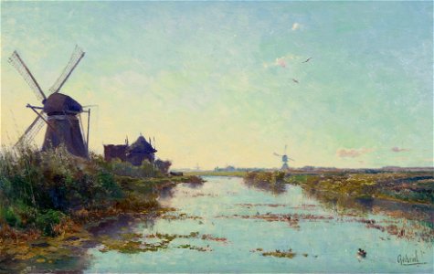 Hollands polderlandschap met een wetering, een Zuid-Hollandse watermolen en een wipwatermolen, door Paul Joseph Constantin Gabriël