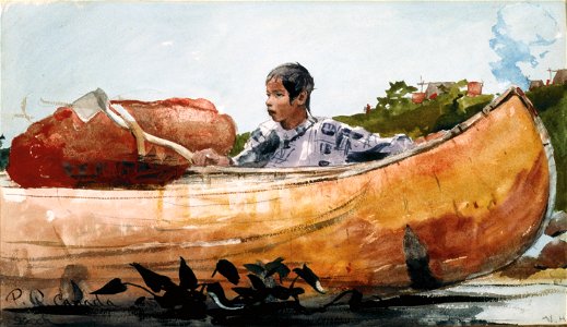 Winslow Homer - Indian Boy with Canoe (c. 1895). Free illustration for personal and commercial use.