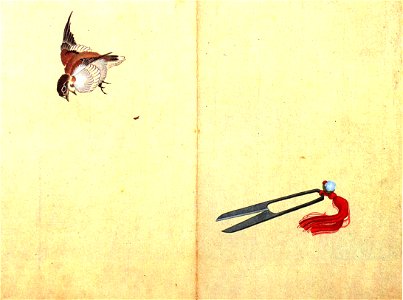 Hokusai Pair of sissors and sparrow. Free illustration for personal and commercial use.