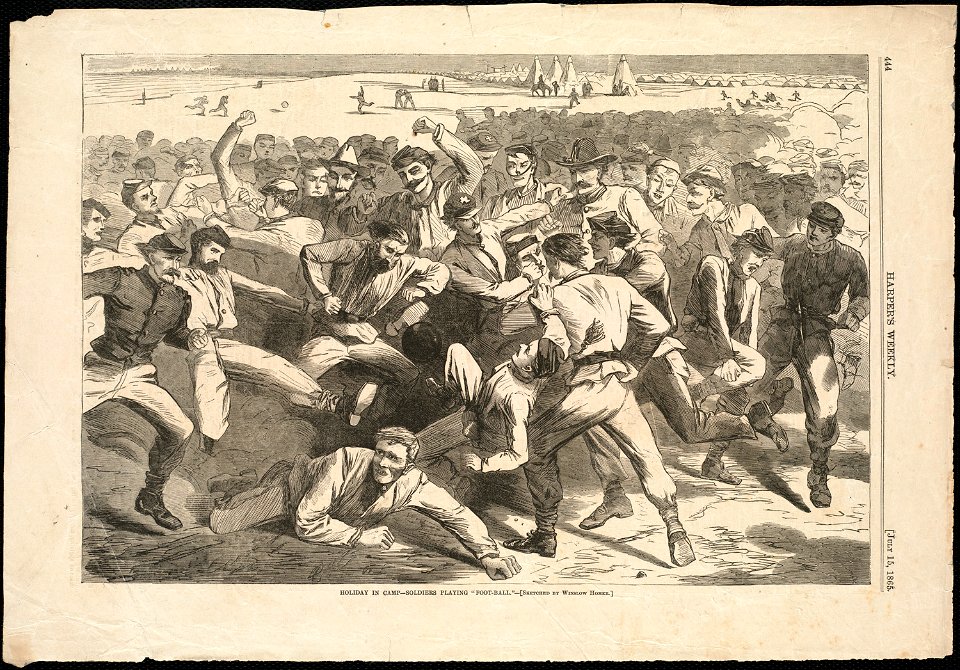 Holiday in camp -- Soldiers playing 'foot-ball' (Boston Public Library)