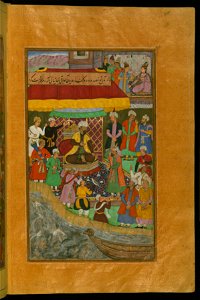 Homage being paid to Babur, in 910 AH1504 CE, by Bāqī Chaghānyānī near the river Oxus (Daryā Āmū)