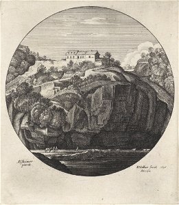 Wenzel Hollar - Landschap met huis bij steile rotsen (Rijksmuseum). Free illustration for personal and commercial use.