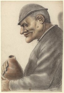 Homme âgé présentant sur la joue une importante verrue, coiffé d'un bonnet et tenant un gourde, vu de profil à gauche (Nicolas Lagneau)