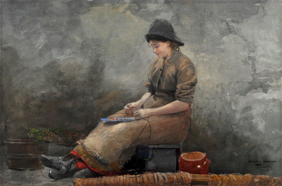 A Fishergirl Baiting Lines by Winslow Homer 1881