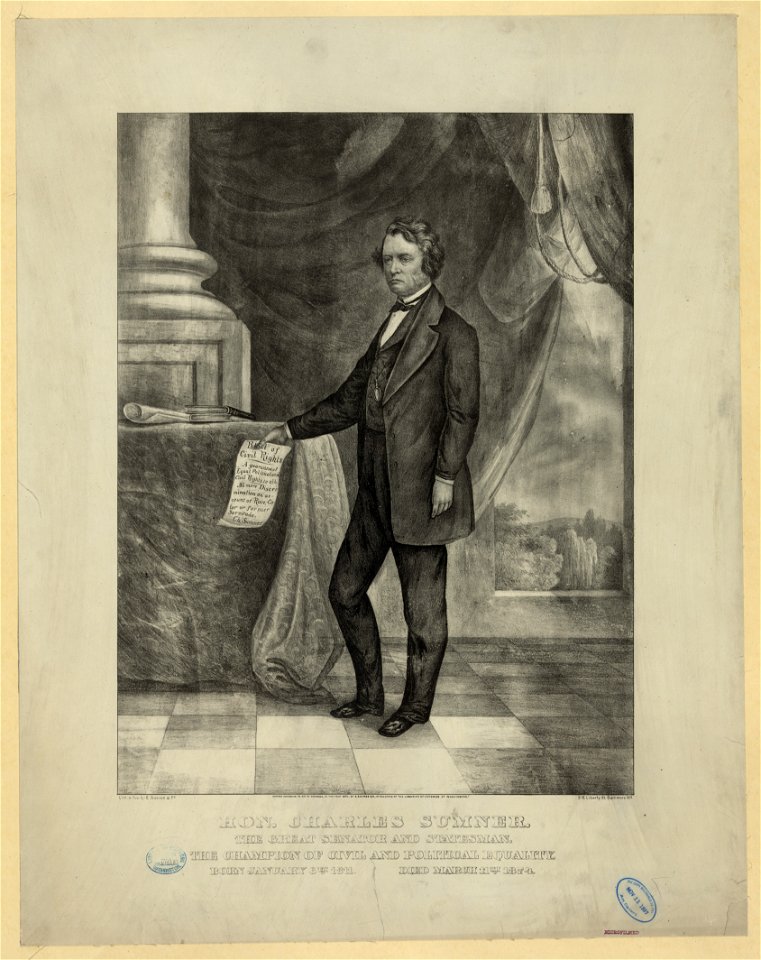 Hon. Charles Sumner - the great senator and statesman, the champion of civil and political equality - born January 6th 1811, died March 11th 1874 LCCN2004670387