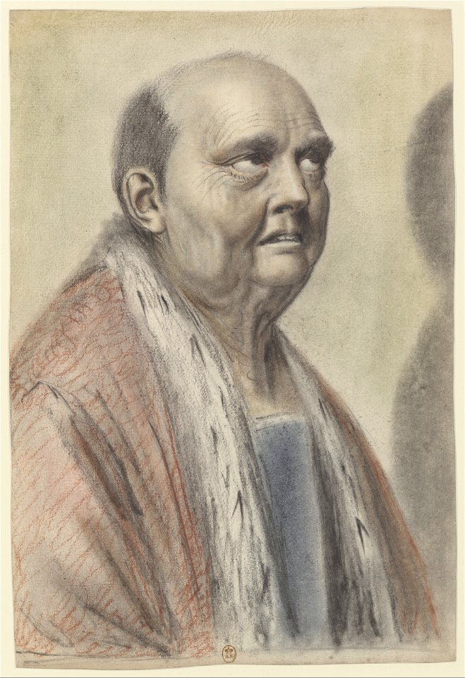 Homme au crâne dégarni, les yeux levés vers le ciel, portant un manteau rouge bordé de fourrure d'hermine sur un vêtement de couleur bleue, vu de trois-quarts à droite (Nicolas Lagneau)