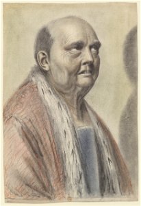 Homme au crâne dégarni, les yeux levés vers le ciel, portant un manteau rouge bordé de fourrure d'hermine sur un vêtement de couleur bleue, vu de trois-quarts à droite (Nicolas Lagneau)