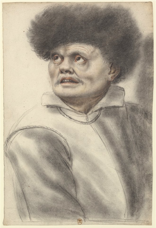 Homme coiffé d'un bonnet de fourrure, les yeux levés vers le ciel, vu de trois quarts à gauche (Nicolas Lagneau)