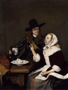 Homme incitant une femme à boire - Gerard ter Borch. Free illustration for personal and commercial use.