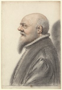 Homme âgé barbu, au crâne dégarni, portant une fraise, vu de profil à gauche (Nicolas Lagneau)