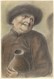 Homme, coiffé d'un bonnet bordé de fourrure, tenant une gourde, la tête de trois quarts à droite (Nicolas Lagneau)