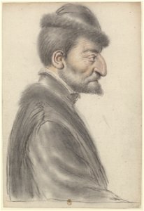 Homme âgé, à la barbe courte, coiffé d'un bonnet bordé de fourrure, de profil à droite (Nicolas Lagneau)