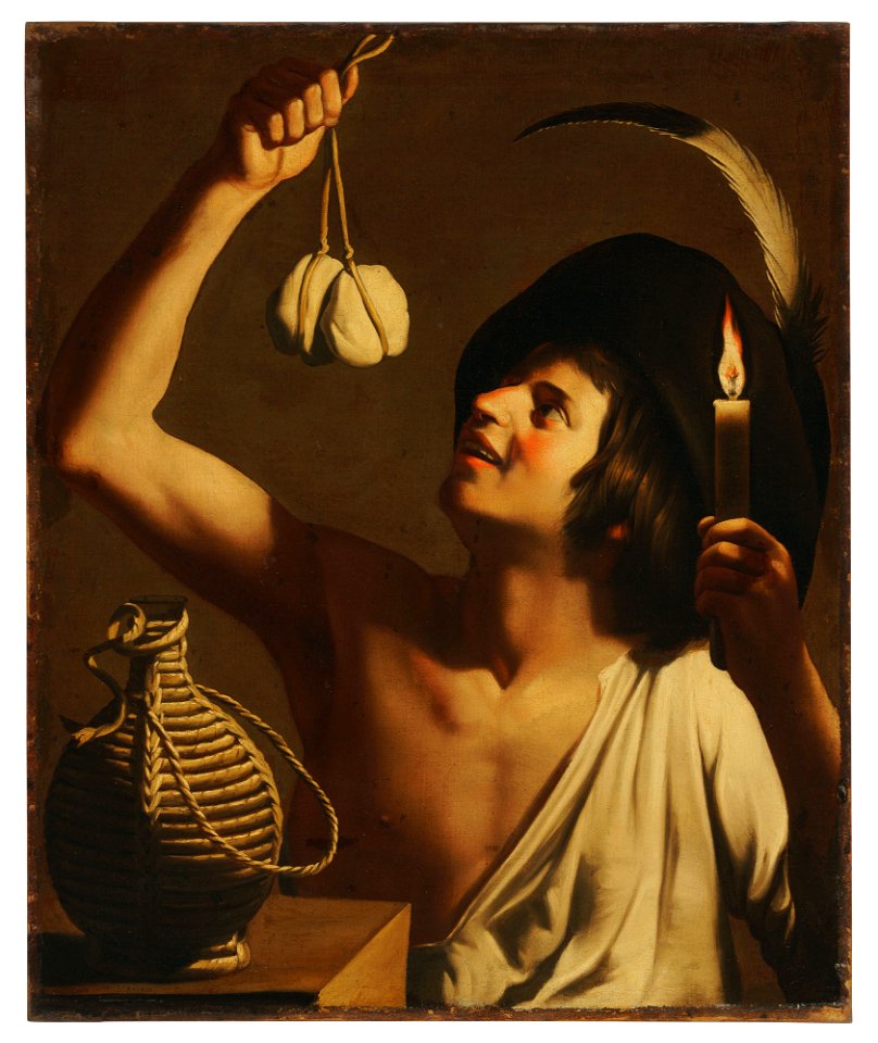 Honthorst - A young man holding a burning candle and a scamorza cheese, a fiasco bottle beside him, 6298682
